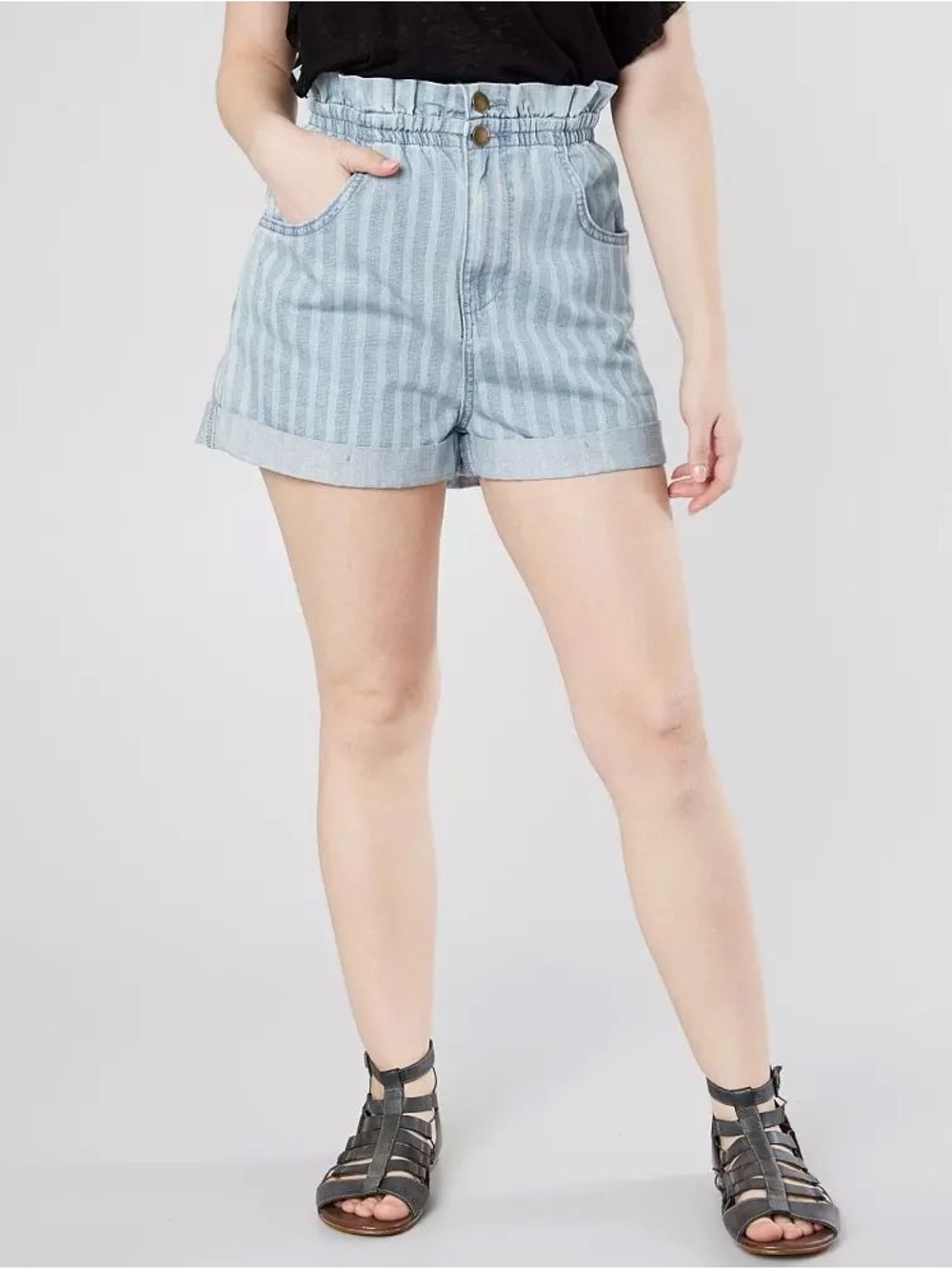 Billabong Light Blue Striped High-Waist Paperbag Shorts
